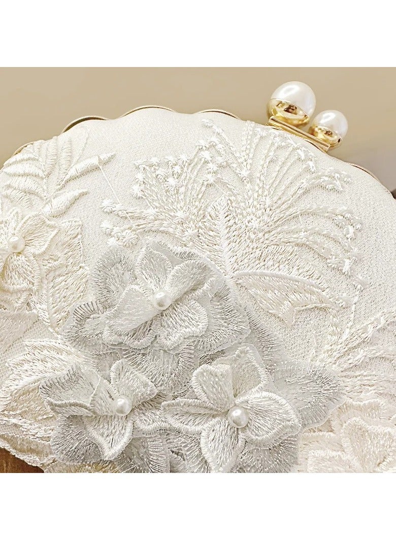 AROAQ Elegant Vintage Shell-Shaped Evening Clutch With Hand Embroidery, Retro Fabric Handbag With Faux Pearl Clasp For Special Occasions - Image 5