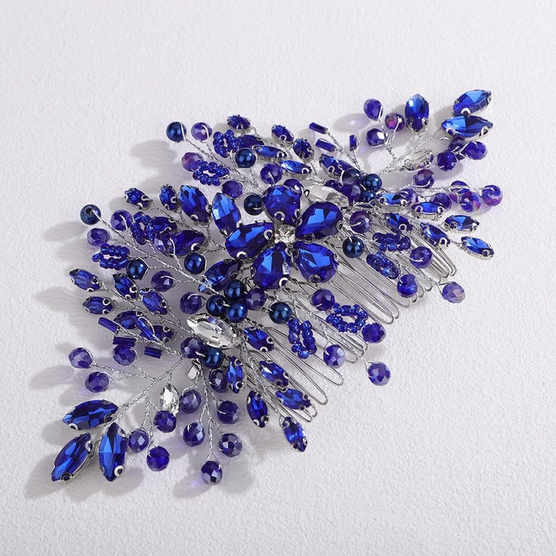 Missgrace Bride Silver Blue Rhinestones Hair Comb Silver Sparkling Dainty Flower Faux Pearls Blue Rhinestones Headpiece Elegant Hair Comb Hair Accessoires for Bride Women - Image 5