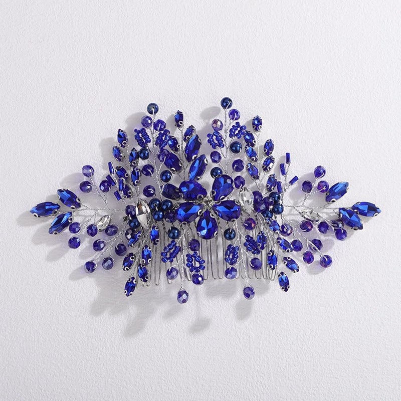 Missgrace Bride Silver Blue Rhinestones Hair Comb Silver Sparkling Dainty Flower Faux Pearls Blue Rhinestones Headpiece Elegant Hair Comb Hair Accessoires for Bride Women - Image 3