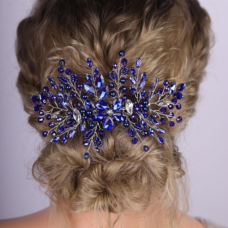 Missgrace Bride Silver Blue Rhinestones Hair Comb Silver Sparkling Dainty Flower Faux Pearls Blue Rhinestones Headpiece Elegant Hair Comb Hair Accessoires for Bride Women - Image 2