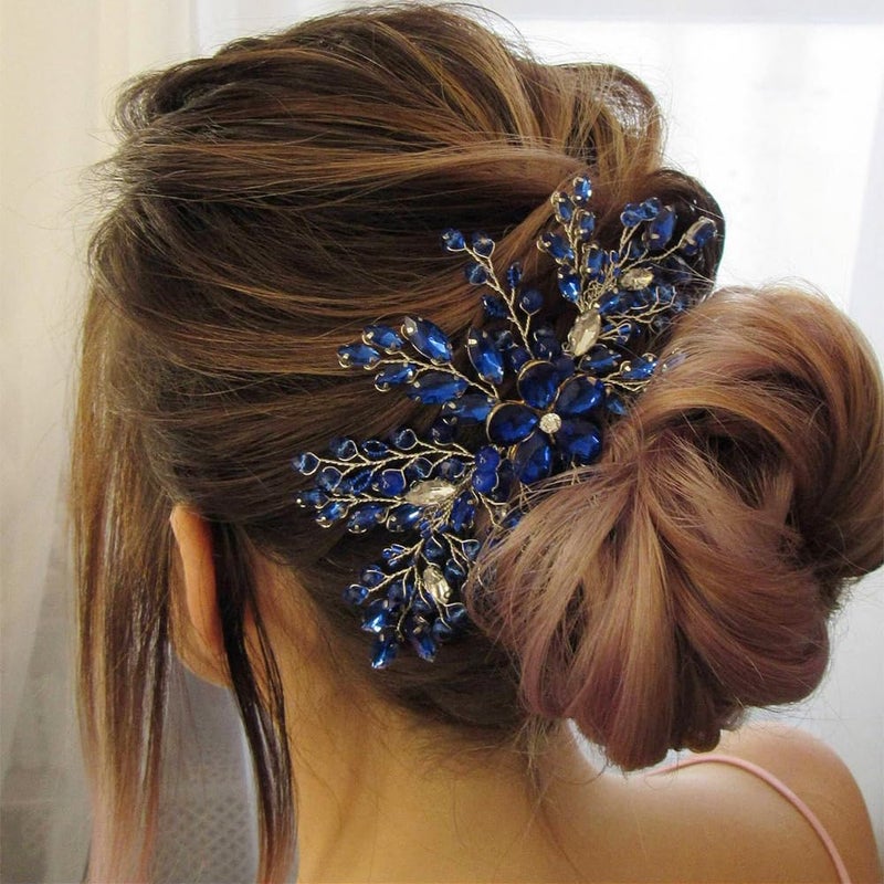 Missgrace Bride Silver Blue Rhinestones Hair Comb Silver Sparkling Dainty Flower Faux Pearls Blue Rhinestones Headpiece Elegant Hair Comb Hair Accessoires for Bride Women - Image 1