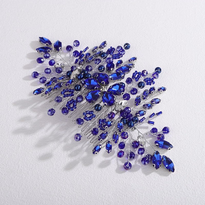 Missgrace Bride Silver Blue Rhinestones Hair Comb Silver Sparkling Dainty Flower Faux Pearls Blue Rhinestones Headpiece Elegant Hair Comb Hair Accessoires for Bride Women - Image 4