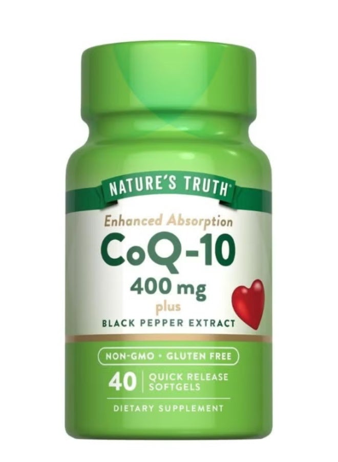 مكمل "نيتشرز تروث" (Nature's Truth) بتركيبة CoQ-10 بتركيز 400 ملغ (40 كبسولة هلامية) - فعالية قصوى، امتصاص مُعزز، غير معدل وراثياً، وخالٍ من الغلوتين.