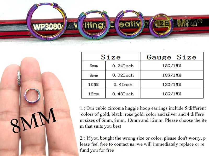 showself 8MM Stainless Steel Tiny Cartilege Cubic Zirconia Hoop Earrings for Women Men Mini Helix Daith Lobe Hole Hinged Piercing Earrings Sleeper Hypoallergenic - Rainbow - Image 5