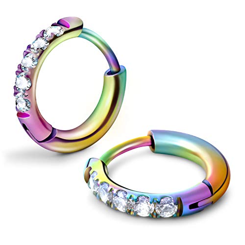 showself 8MM Stainless Steel Tiny Cartilege Cubic Zirconia Hoop Earrings for Women Men Mini Helix Daith Lobe Hole Hinged Piercing Earrings Sleeper Hypoallergenic - Rainbow - Image 1