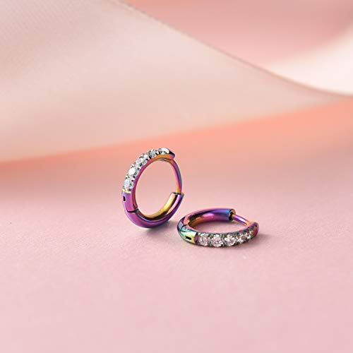 showself 8MM Stainless Steel Tiny Cartilege Cubic Zirconia Hoop Earrings for Women Men Mini Helix Daith Lobe Hole Hinged Piercing Earrings Sleeper Hypoallergenic - Rainbow - Image 2