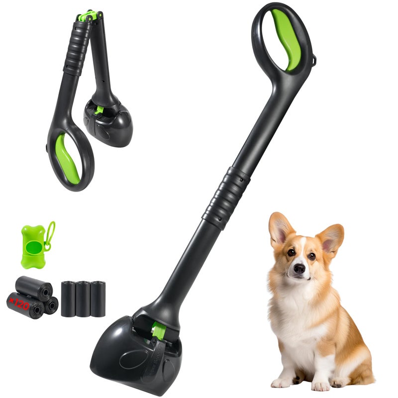 NYEONHRT 28 Inch Handle Dog Pooper Scooper Portable with Bag Attachment, One Handed Foldable Design, Includes 120 Waste Bags and Dispenser for Grass Yard Gravel Cleanup - Image 1