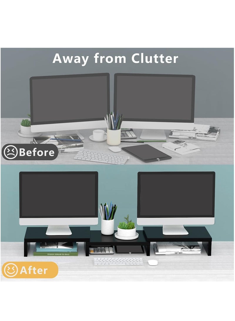 FlashHawk Dual Monitor Stand Riser with 3 Shelves, Adjustable Length & Angle, Extra Long Multifunctional Desk Organizer for 2 Monitors up to 24", Laptop, PC, PS5, Ergonomic Office Desktop Storage Stand - Black  - Image 5
