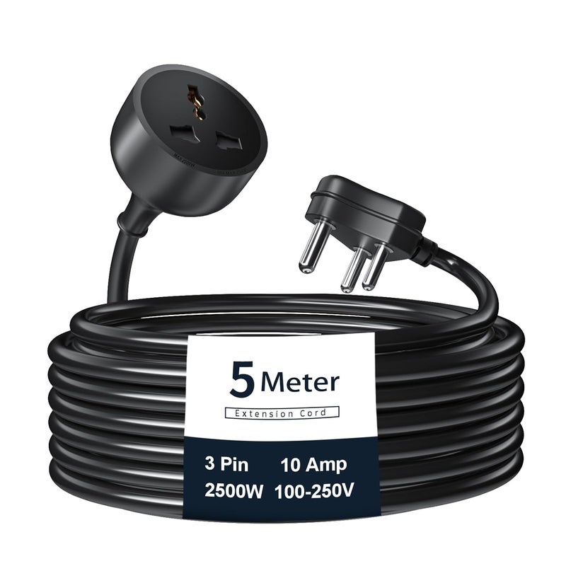 Hoteon Extension Board with 5 Meter Heavy Duty Long Wire Cord Single Outlet Socket 2500W 10A Expandable Electric Extension 3 pin Extension Cord 5M Black1Pcs - Image 1