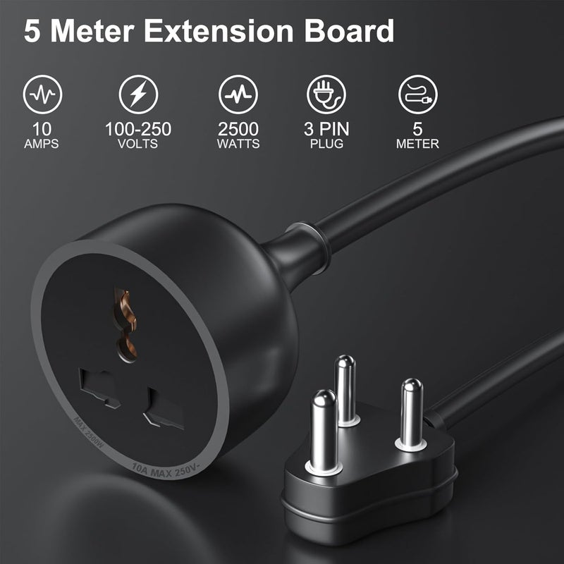 Hoteon Extension Board with 5 Meter Heavy Duty Long Wire Cord Single Outlet Socket 2500W 10A Expandable Electric Extension 3 pin Extension Cord 5M Black1Pcs - Image 2