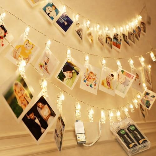MIRADH LED Photo String Lights- 10 Photo Clip with USB and Battery Powered Fairy Lights, Lights for Birthday Decoration, Led Light for Home Decoration Diwali Lights (Warm White10 Clips, USB, Battery) - Image 1