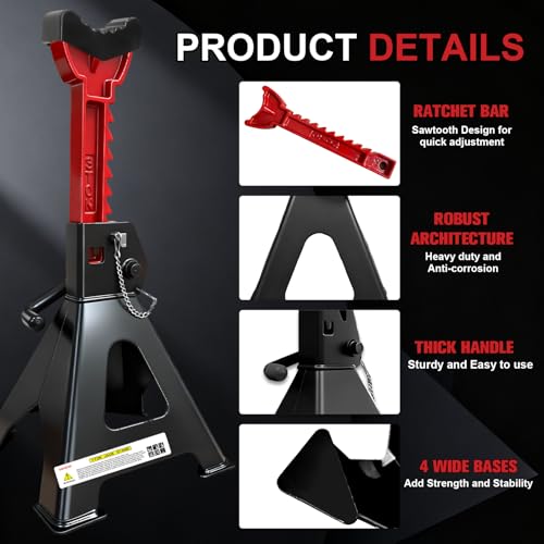 USYATO 3 Ton Jack Stands (6,600 lbs) - Heavy Duty Car Jack Stand with Double Pin Locking, Adjustable 11.22"-16.54" Height, Extra Rubber Pads for Trucks, Garage, Home,DIY Use - 1 Pair Black - Image 3
