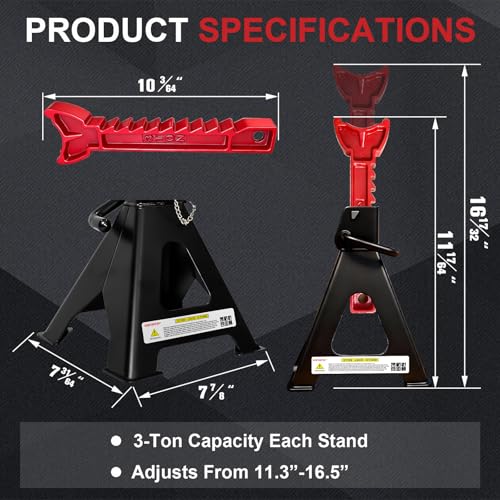 USYATO 3 Ton Jack Stands (6,600 lbs) - Heavy Duty Car Jack Stand with Double Pin Locking, Adjustable 11.22"-16.54" Height, Extra Rubber Pads for Trucks, Garage, Home,DIY Use - 1 Pair Black - Image 2