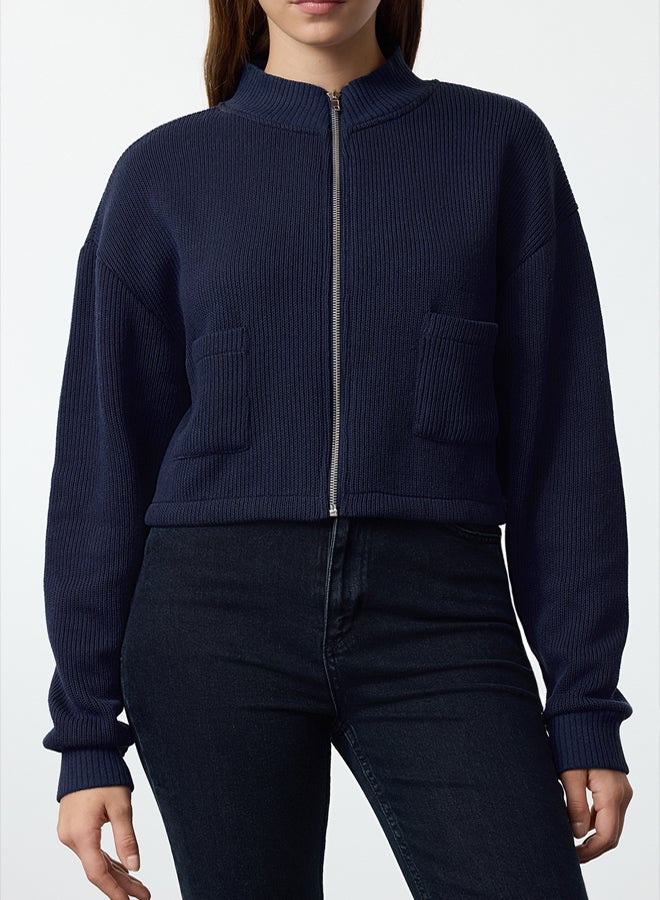 trendyol Navy Blue Zipper Collar Pocket Detailed Regular/Normal Fit Crop/Short Jacket TWOAW25CE00011 - Image 3