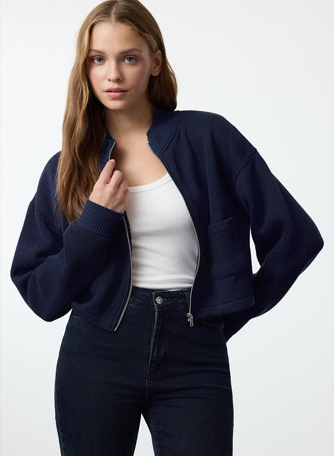 trendyol Navy Blue Zipper Collar Pocket Detailed Regular/Normal Fit Crop/Short Jacket TWOAW25CE00011 - Image 2