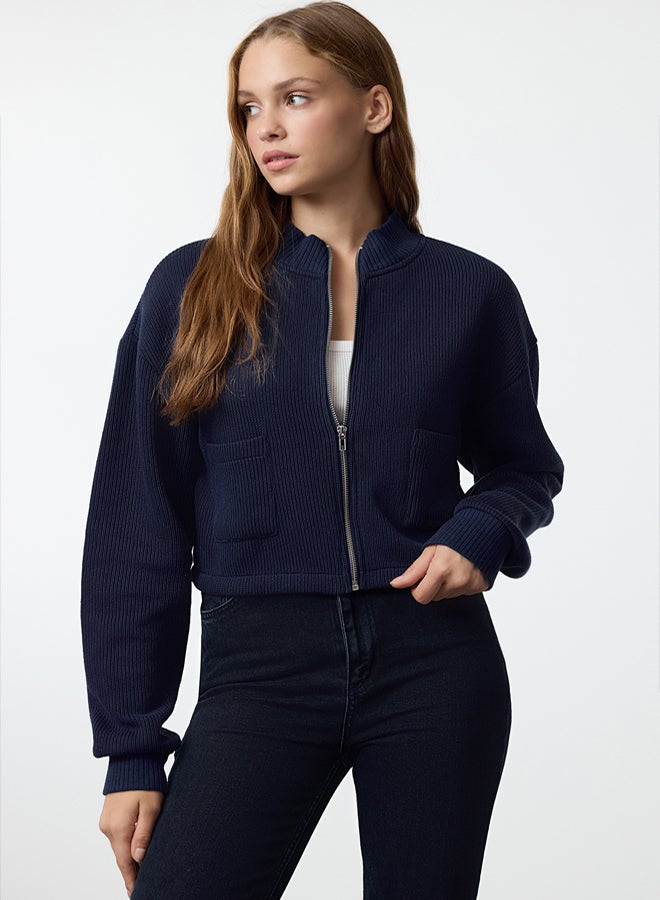 trendyol Navy Blue Zipper Collar Pocket Detailed Regular/Normal Fit Crop/Short Jacket TWOAW25CE00011 - Image 1