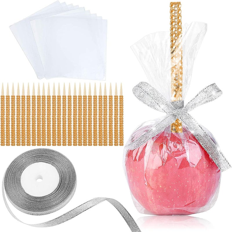MGWOTH 24 Pack Bling Candy Apple Sticks and Bags Kits, Caramel Apple Wooden Skewers, Bamboo Decorative Sticks for Rice Krispie Treat Cookie Cake Pop Corn Dogs with Glass Wrapper Glitter Ribbons Tie Christmas - Image 1