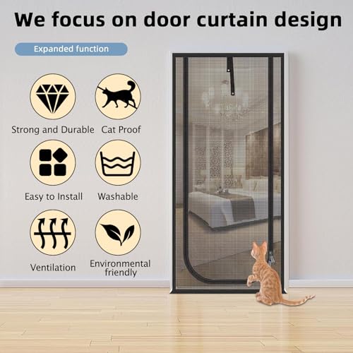 QWR Upgraded Pet Screen Door Fits Opening Door Up to 36"x84",Heavy Duty Cat Proof Mesh Screen Door with Zipper Closure,Prevent Cats Running Out from Home,Bedroom,Living Room,Kitchen(U-Type,Black) - Image 4