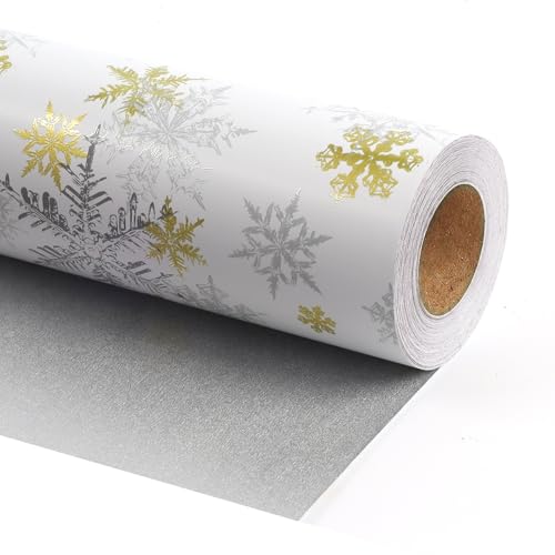 LaRibbons Gold & Silver Snowflake Christmas Wrapping Paper, Reversible Holiday Gift Wrap with Metallic Foil and Silver Back, Elegant Xmas Roll for Adults, Men, Women– 17 inch x 33 feet - Image 1
