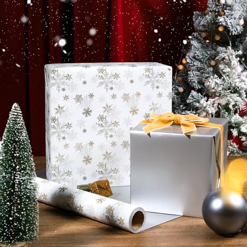 LaRibbons Gold & Silver Snowflake Christmas Wrapping Paper, Reversible Holiday Gift Wrap with Metallic Foil and Silver Back, Elegant Xmas Roll for Adults, Men, Women– 17 inch x 33 feet - Image 2
