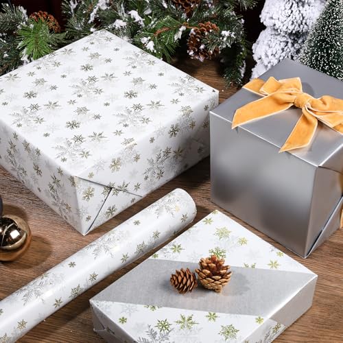 LaRibbons Gold & Silver Snowflake Christmas Wrapping Paper, Reversible Holiday Gift Wrap with Metallic Foil and Silver Back, Elegant Xmas Roll for Adults, Men, Women– 17 inch x 33 feet - Image 5
