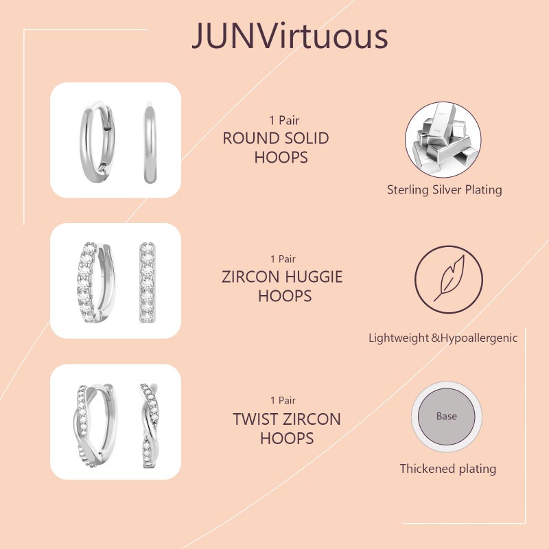 JUNVirtuous 925 Sterling Silver Hoop Earrings for Women Hypoallergenic Silver Small Huggie Hoop Earrings for Women Stack Sets for Multiple Piercing Trendy Jewelry aretes de plata 925 para mujer/10mm - Image 5