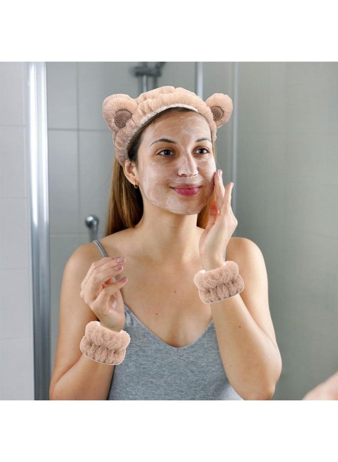 ماي كرييت ® عصابة رأس للعناية بالبشرة للنساء ورباط معصم لغسل الوجه، مجموعة من 3 قطع، عصابة شعر لطيفة لمكياج الوجه وأربطة معصم منشفة، عصابة رأس سبا على شكل آذان دب لغسل الوجه للنساء والفتيات - Image 4