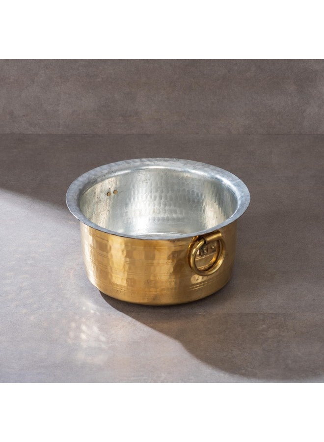 P-TAL Brass Patila for Cooking (3 litres) | 100% Pure Brass Round Heavy Bottom | Hammered, Polished Tapeli/Patila/Bhagona | Golden Brass Handi (Free 30ml Copper & Brass Cleaning Solution) - Image 1