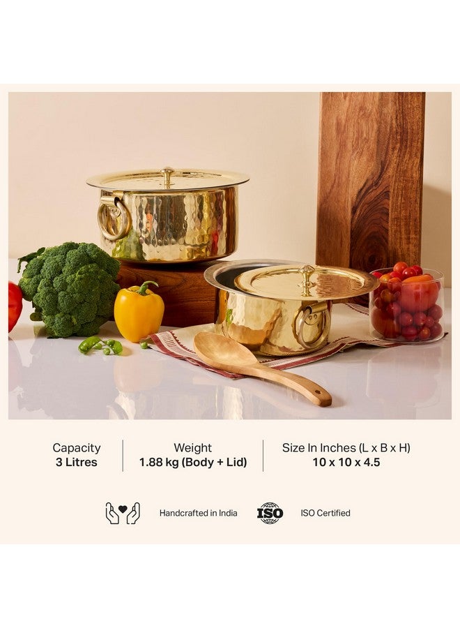 P-TAL Brass Patila for Cooking (3 litres) | 100% Pure Brass Round Heavy Bottom | Hammered, Polished Tapeli/Patila/Bhagona | Golden Brass Handi (Free 30ml Copper & Brass Cleaning Solution) - Image 2