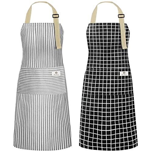 NLUS 2 Pack Kitchen Cooking Aprons, Adjustable Bib Waterproof Chef Apron with 2 Pockets for Men Women(Grey Stripe/Black Plaid) - Image 1