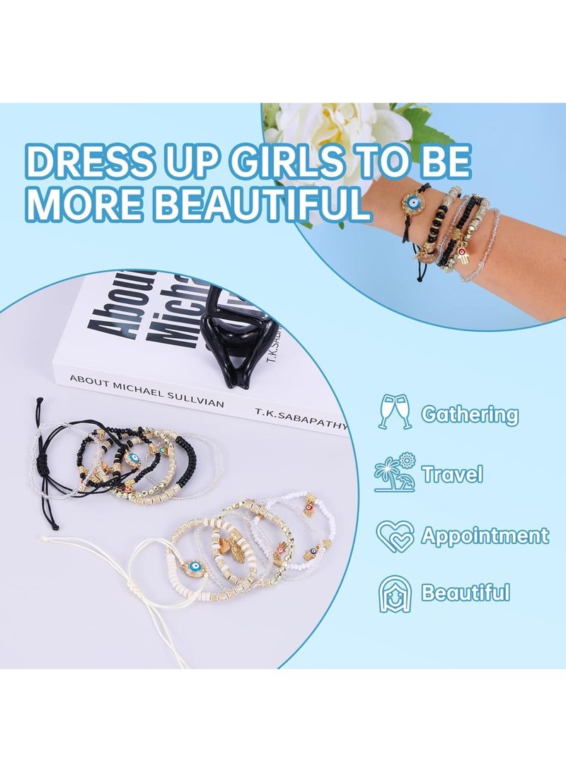 SOLARAE أساور نسائية، 12 قطعة أساور عصرية، أساور صداقة، أساور موضة خرز عين الشيطان، أساور بوهو متعددة الطبقات من خرز الأرز، هدية مناسبة للفتيات والنساء - Image 5