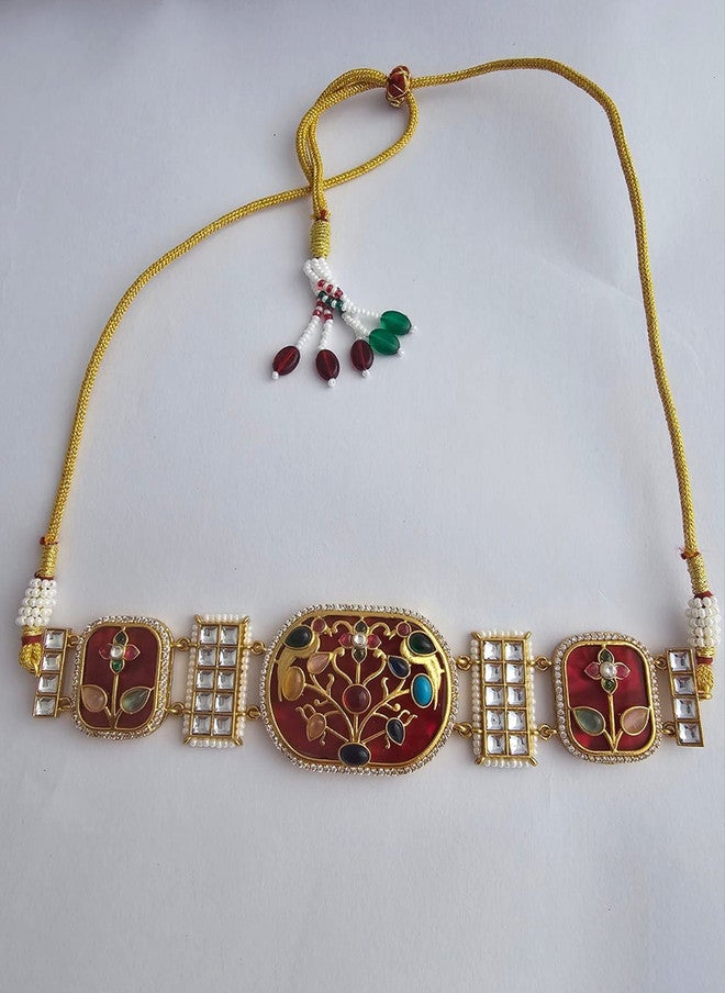 Binnis Wardrobe Tisha Gold-Plated Kundan-Studded Meenakari Choker Jewellery Set - Image 2