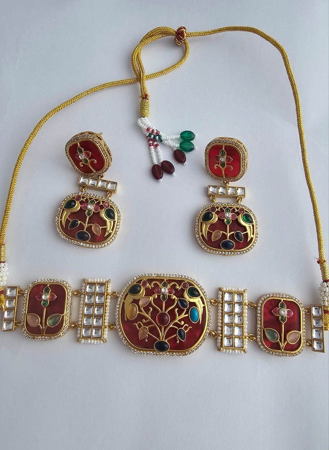 Binnis Wardrobe Tisha Gold-Plated Kundan-Studded Meenakari Choker Jewellery Set - Image 3
