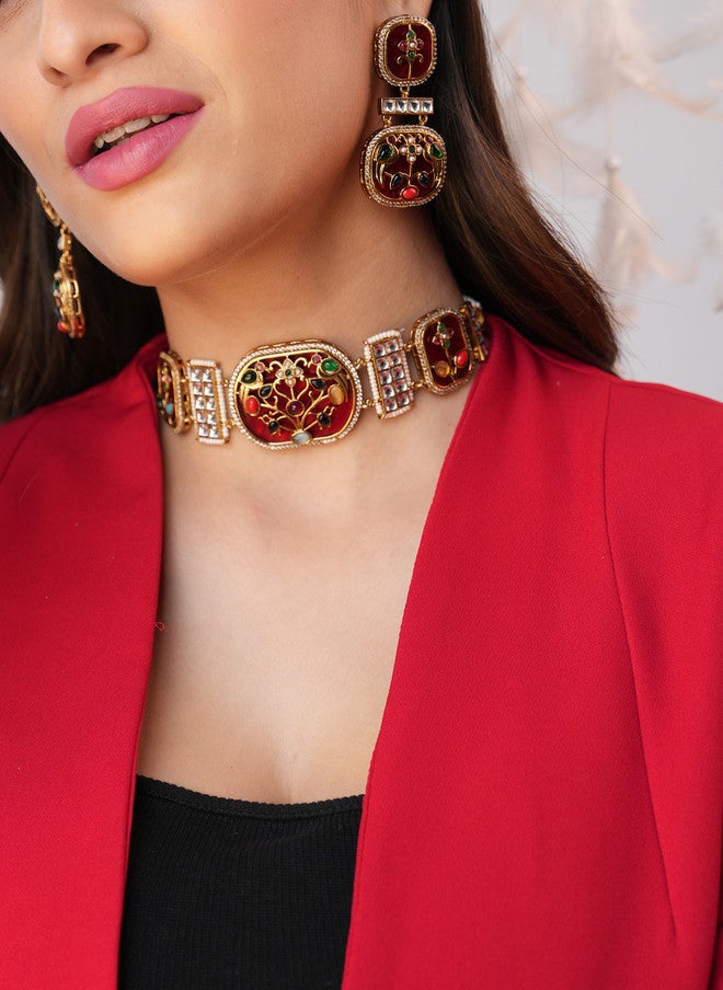 Binnis Wardrobe Tisha Gold-Plated Kundan-Studded Meenakari Choker Jewellery Set - Image 1