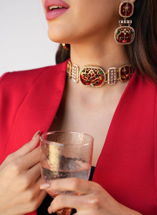 Binnis Wardrobe Tisha Gold-Plated Kundan-Studded Meenakari Choker Jewellery Set - Image 5
