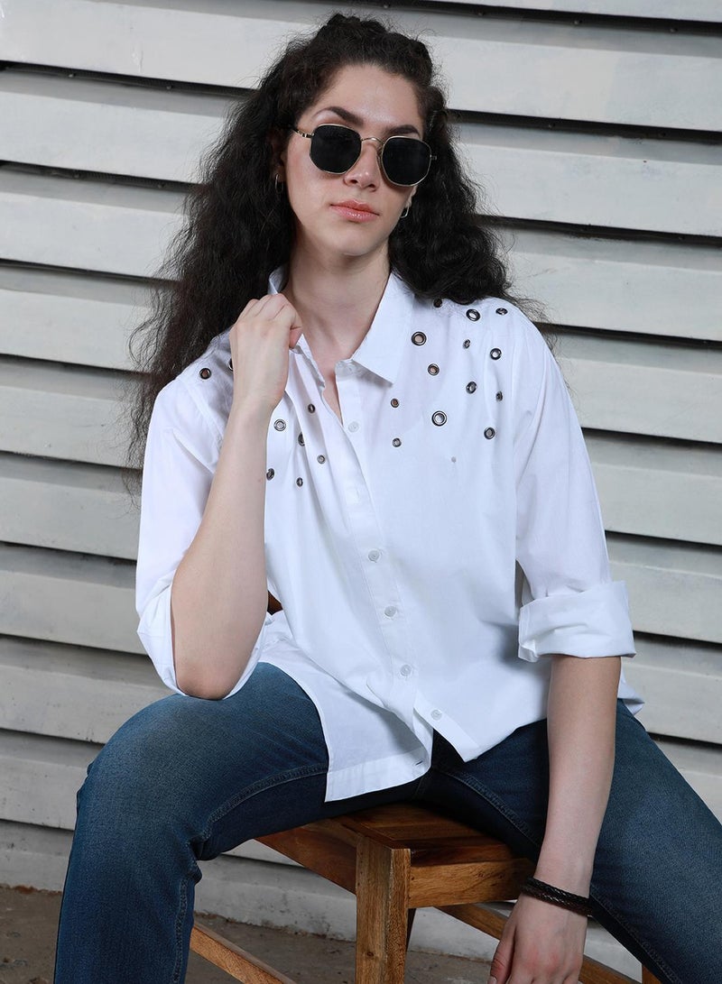 HIGH STAR Women's White 100% Cotton Solid Pattern Button Down Oversized Shirt - Image 2