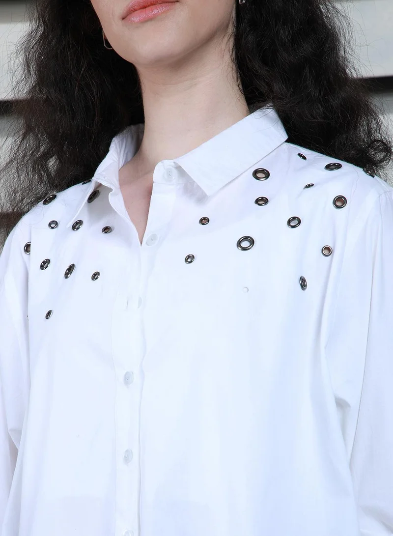 HIGH STAR Women's White 100% Cotton Solid Pattern Button Down Oversized Shirt