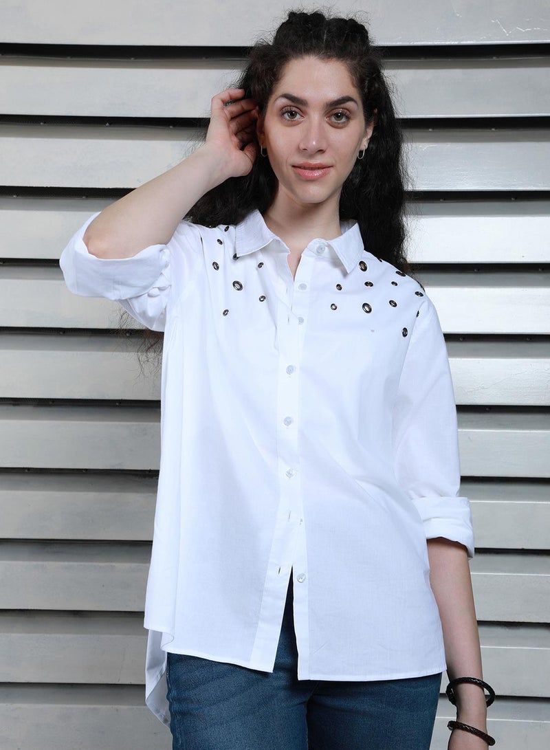 HIGH STAR Women's White 100% Cotton Solid Pattern Button Down Oversized Shirt - Image 5