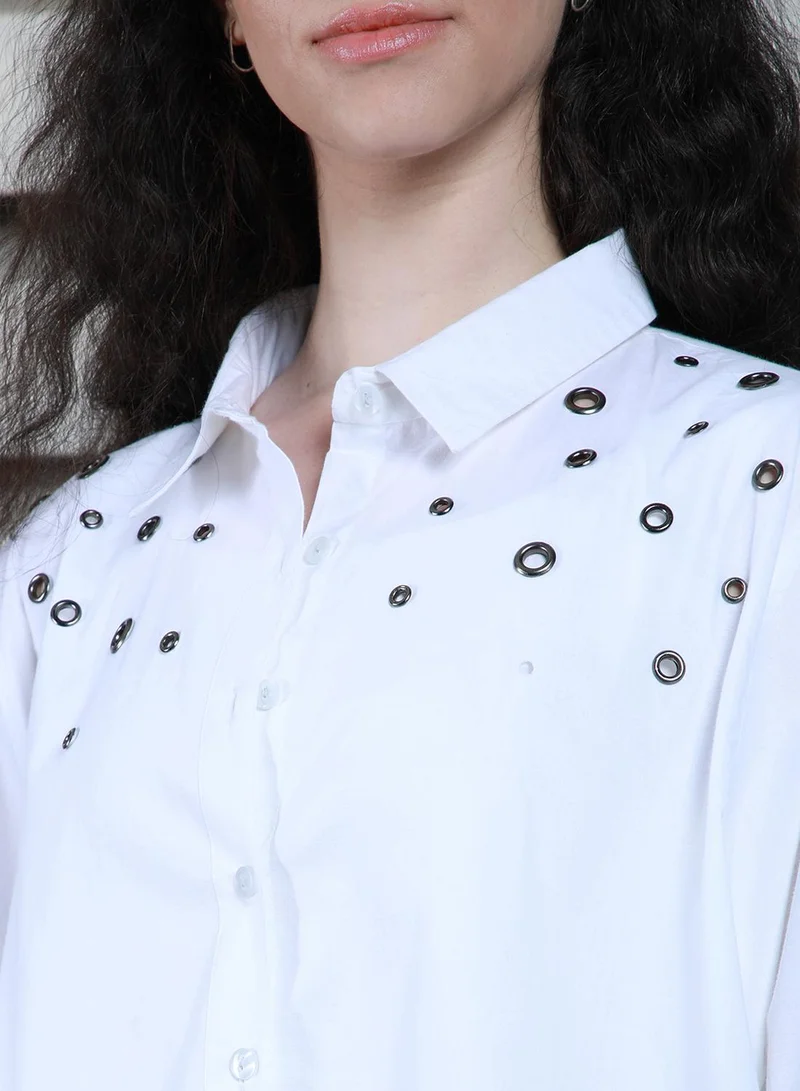 HIGH STAR Women's White 100% Cotton Solid Pattern Button Down Oversized Shirt