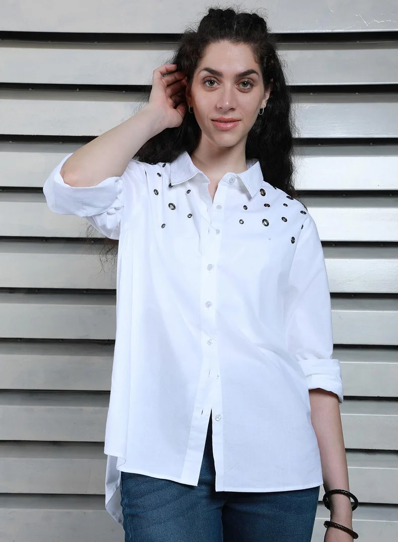 HIGH STAR Women's White 100% Cotton Solid Pattern Button Down Oversized Shirt