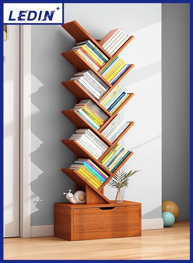 LEDIN 10-Tier Tree Bookshelf, 10 Shelves with Drawer, Modern Book Storage, Free Standing, Utility Organizer Shelves - Image 1