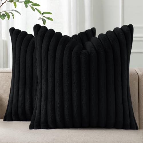 Pallene Faux Fur Plush Throw Pillow Covers 18x18 Set of 2 Luxury Soft Fluffy Striped Decorative Pillow Covers for Sofa Couch Living Room Black - Image 1
