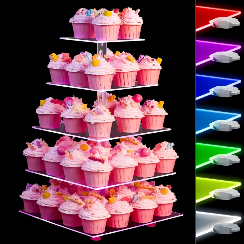 YestBuy Cupcake Stand  5 Tier Cupcake Tower Stand  Rechargeable LED Cupcake Holder for Desser TableClear Serving Tray with 7 color light Display Stand Tree for Elegant Celebrations and Festive Gatherings