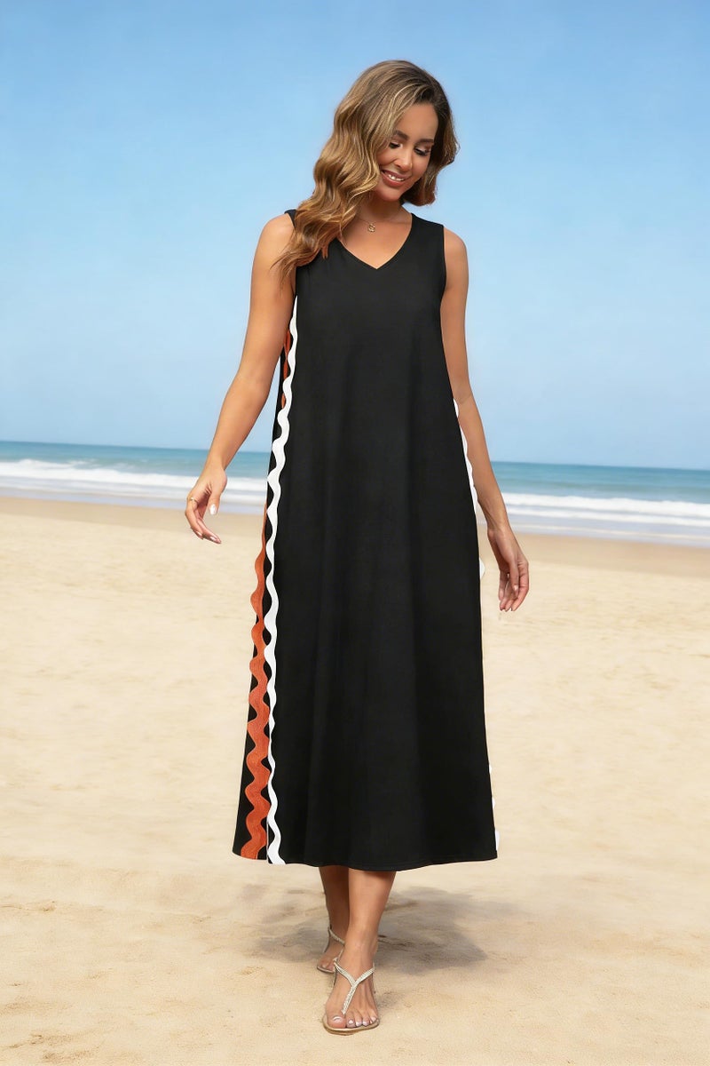 utcoco Women's Summer Beach Boho Flowy Maxi Dress Casual Sleeveless V Neck Side Slit RIC Rac Tank Dress (Medium, Black) - Image 2