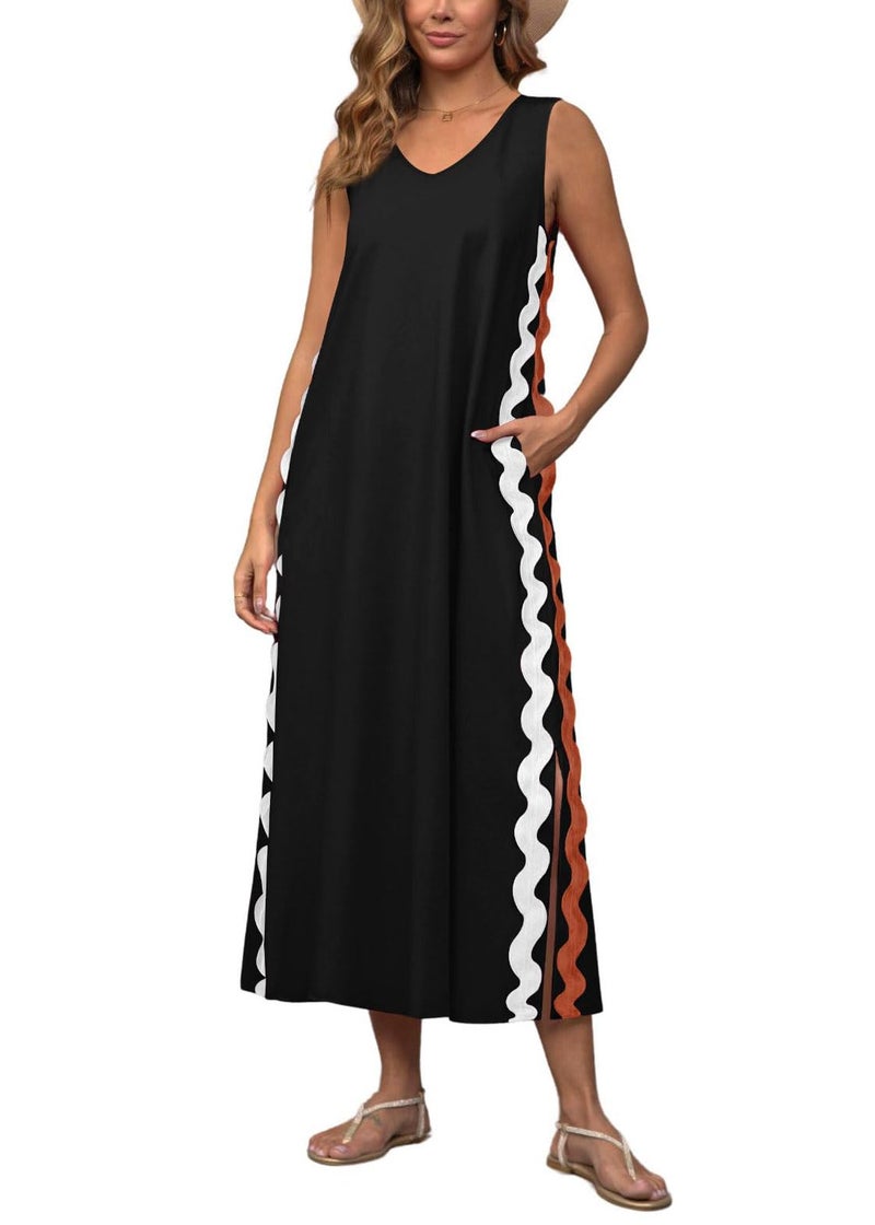 utcoco Women's Summer Beach Boho Flowy Maxi Dress Casual Sleeveless V Neck Side Slit RIC Rac Tank Dress (Medium, Black) - Image 1
