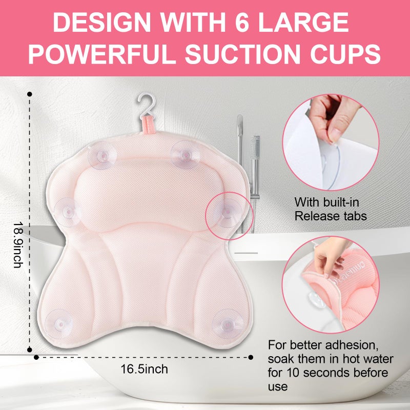Olaemuo Bath Pillows for Tub, Bath Pillow Luxury Bathtub Pillow, Comfy Bath Tub Pillow for Bathtub for Head and Neck with Non-Slip Suction Cups for Tub, Relaxing Bath Accessories Spa Gifts-Pink - Image 4