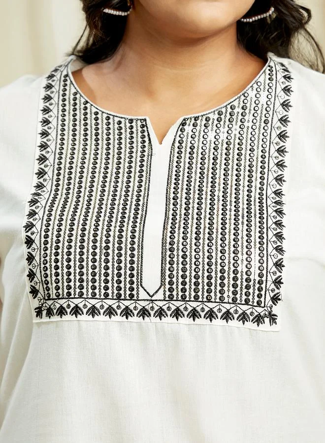 globus Globus Plus Size Off White Sequined Embroidered Yoke Kurta and Pants Festive Set