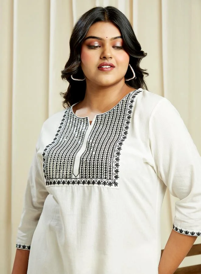 globus Globus Plus Size Off White Sequined Embroidered Yoke Kurta and Pants Festive Set