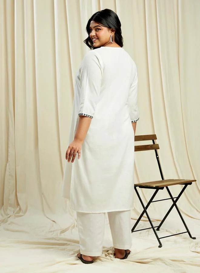 globus Globus Plus Size Off White Sequined Embroidered Yoke Kurta and Pants Festive Set