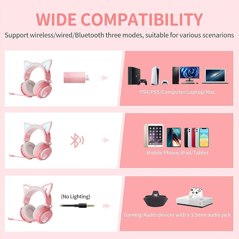 Somic Cat Ear Headphones, 2.4G/Bluetooth Wireless Gaming Headset for PS5, PS4, PC with RGB Lights and Retractable Mic, 10Hrs Playtime, 7.1 Surround Sound for Laptop, Smartphone-GS510 Pro - Pink - Image 2